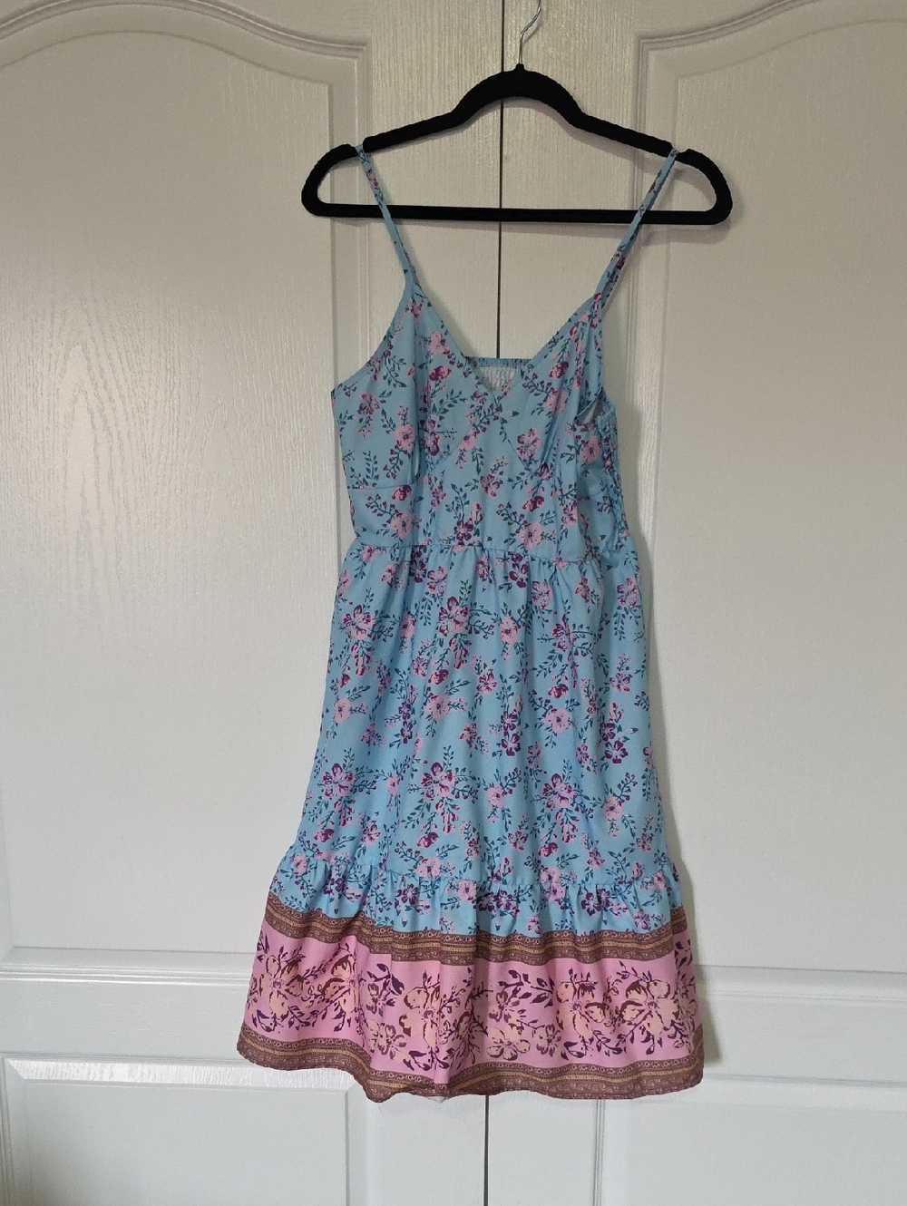 SHEIN Light Blue Floral Mini Dress with Pink Border